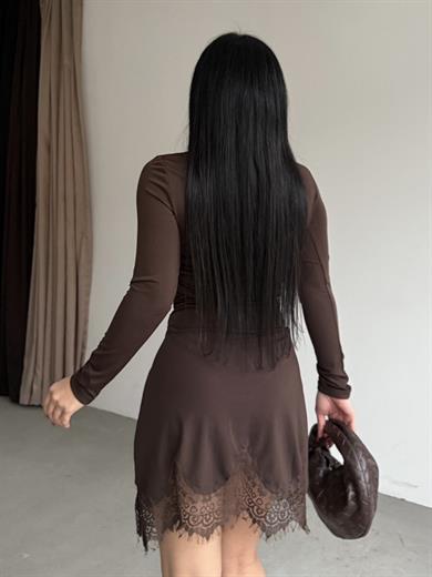 Elena Dantel Detaylı Elbise Kahve