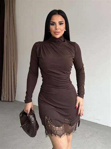 Elena Dantel Detaylı Elbise Kahve