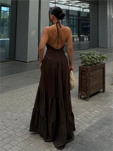 Enisa Boncuk Detaylı Elbise Kahve