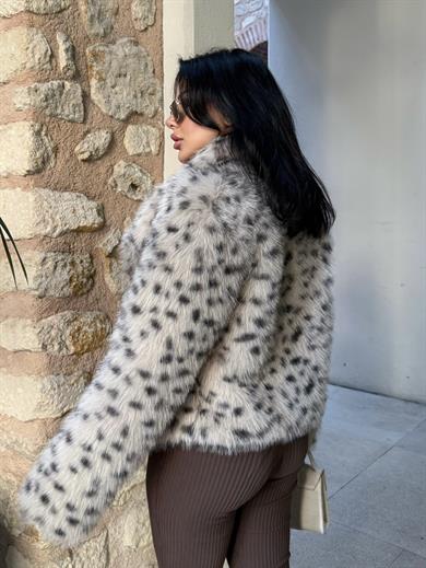 Eyfel Şal Yaka Kürk Kaban Leopar gri