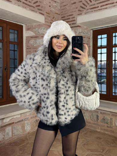Eyfel Şal Yaka Kürk Kaban Leopar gri