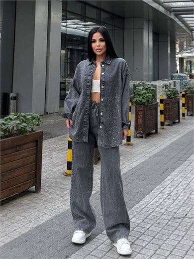 Fashe Taş Detaylı Denim Takım Gri