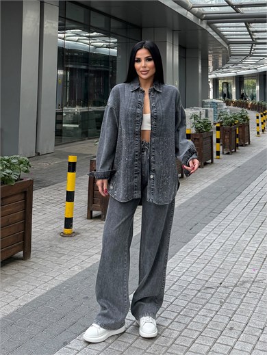 Fashe Taş Detaylı Denim Takım Gri