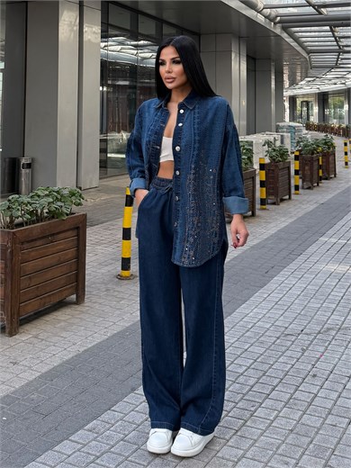 Fashe Taş Detaylı Denim Takım Lacivert