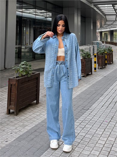 Fashe Taş Detaylı Denim Takım Mavi
