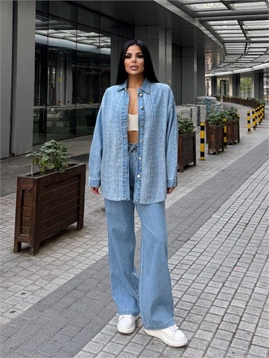 Fashe Taş Detaylı Denim Takım Mavi
