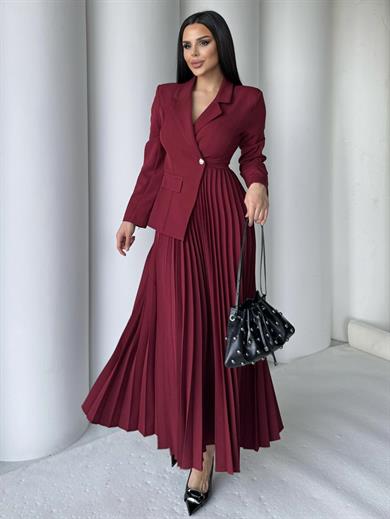Feym Pilise Etek Detaylı Elbise Bordo