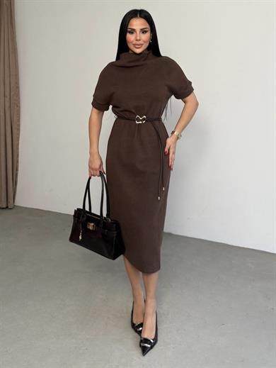 Feyras Kemer Detaylı Elbise Kahve