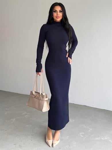 Firuzen Yırtmaç Detaylı Elbise Lacivert