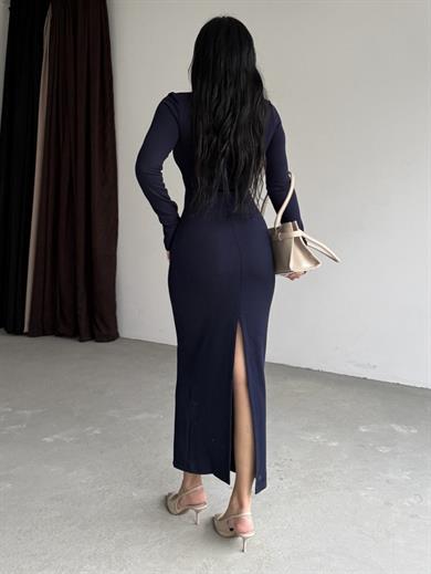 Firuzen Yırtmaç Detaylı Elbise Lacivert