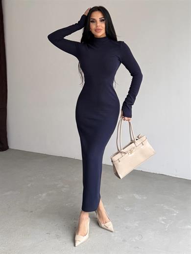 Firuzen Yırtmaç Detaylı Elbise Lacivert