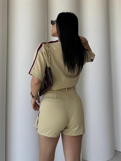 Fizu Şerit Detaylı Şortlu Takım Bej