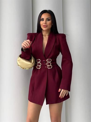 Flat Kemer Detay Ceket Bordo