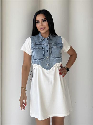 Gambel Denim Detaylı Elbise Beyaz