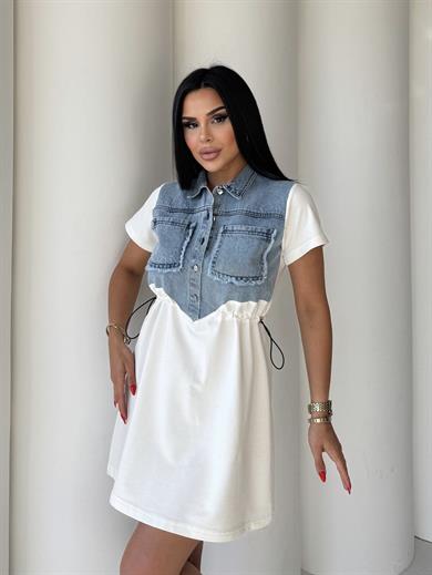 Gambel Denim Detaylı Elbise Beyaz