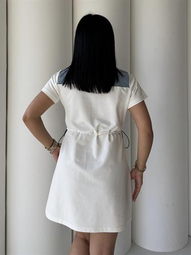 Gambel Denim Detaylı Elbise Beyaz