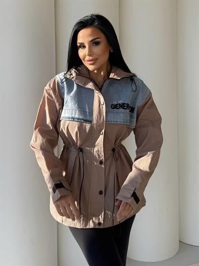 Genary Denim Detaylı Paraşüt Yağmurluk Bej