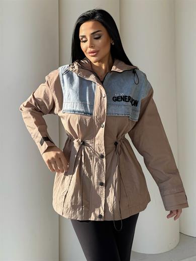 Genary Denim Detaylı Paraşüt Yağmurluk Bej