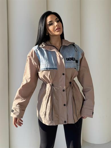 Genary Denim Detaylı Paraşüt Yağmurluk Bej