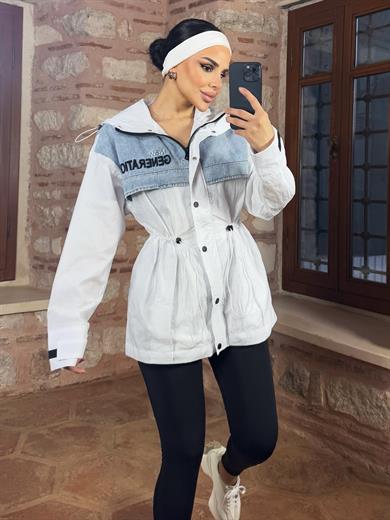 Genary Denim Detaylı Paraşüt Yağmurluk Beyaz