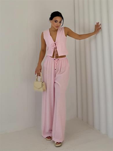 Ginza Yelekli Keten Takım Pembe