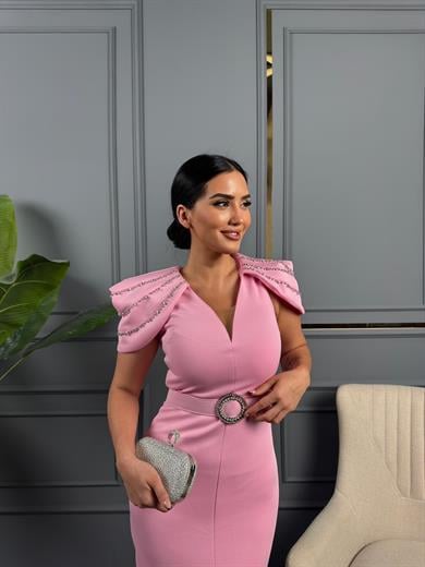 Gliter Taş Detaylı Tasarım Elbise Pembe