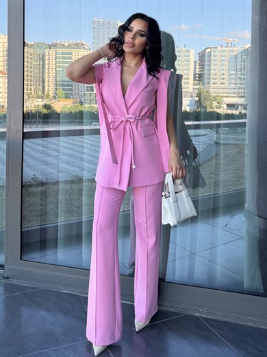 Hellie Tasarım Yelekli Takım Pembe Çizgili