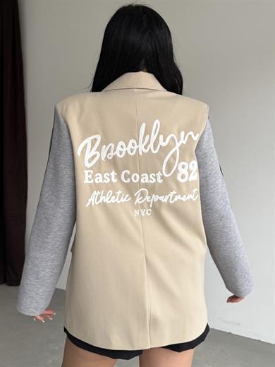 Honges Yazı Detaylı Blazer Ceket Bej