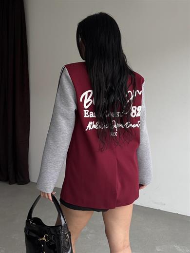 Honges Yazı Detaylı Blazer Ceket Bordo