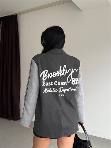 Honges Yazı Detaylı Blazer Ceket Gri