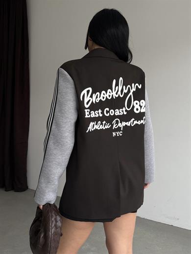 Honges Yazı Detaylı Blazer Ceket Kahve