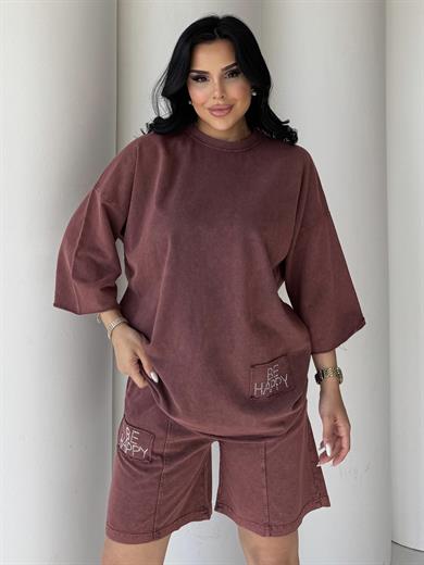 Hupes Taşlı Yazı Detaylı Oversıze Takım Taba 
