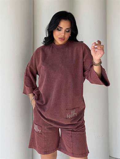 Hupes Taşlı Yazı Detaylı Oversıze Takım Taba 