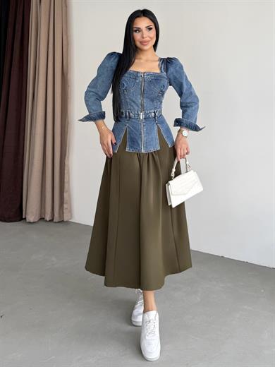 Huqqa Tasarım Denim Etekli Takım Mavi