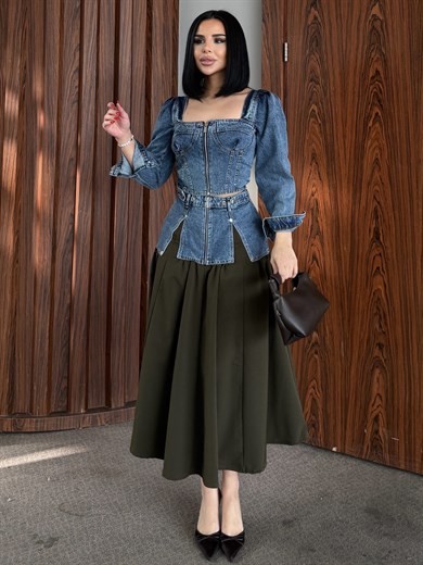 Huqqa Tasarım Denim Etekli Takım Mavi