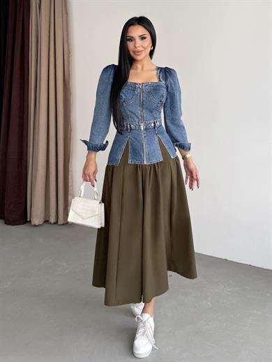Huqqa Tasarım Denim Etekli Takım Mavi