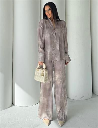 İnver Saten Gömlekli Takım Vizon