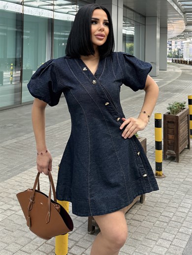 Jennes Gold Düğme Detaylı Denim Elbise Lacivert