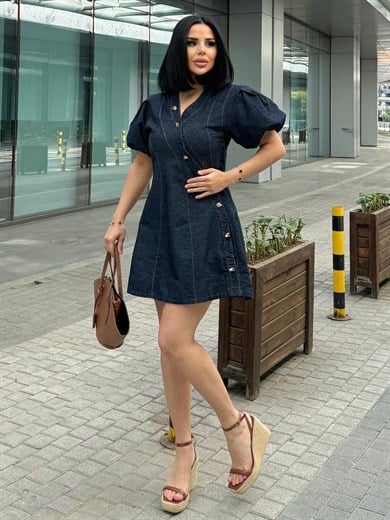 Jennes Gold Düğme Detaylı Denim Elbise Lacivert