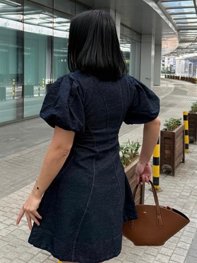 Jennes Gold Düğme Detaylı Denim Elbise Lacivert