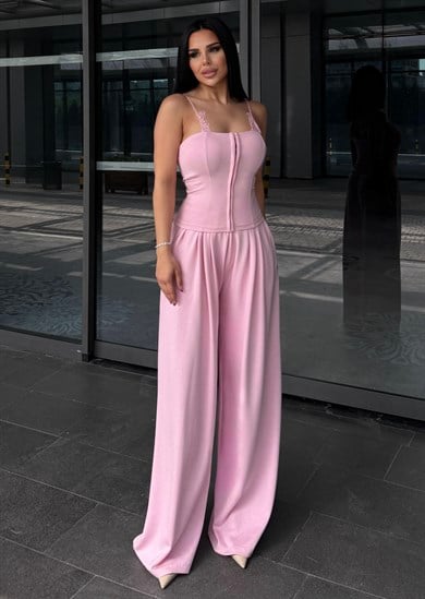 Jermin Dantel Detaylı Takım Pembe