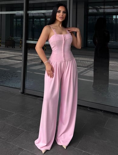 Jermin Dantel Detaylı Takım Pembe