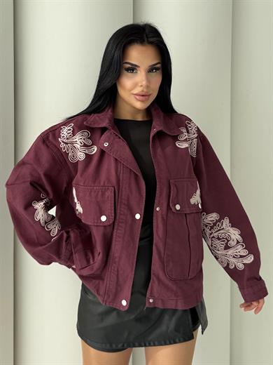 Jolya İşleme Detaylı Kot Ceket Bordo