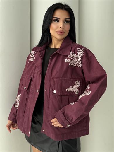 Jolya İşleme Detaylı Kot Ceket Bordo