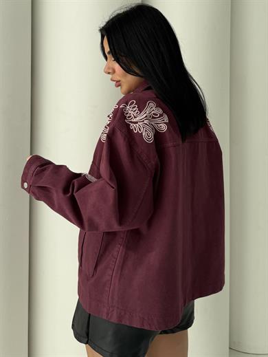 Jolya İşleme Detaylı Kot Ceket Bordo