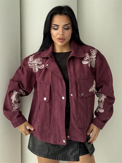 Jolya İşleme Detaylı Kot Ceket Bordo