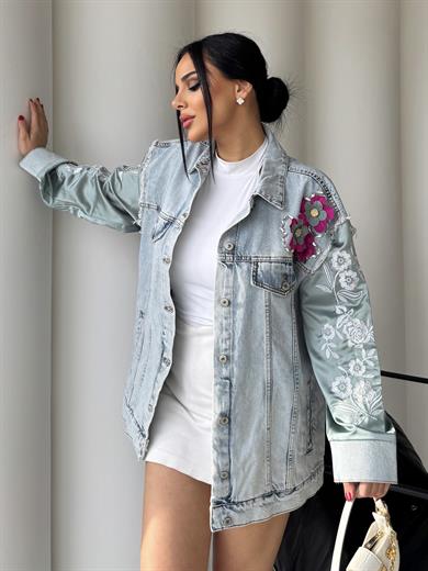 Juba Saten Kol Detaylı Çiçek Desenli Denim Ceket Yeşil