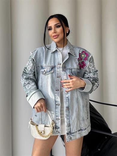 Juba Saten Kol Detaylı Çiçek Desenli Denim Ceket Yeşil