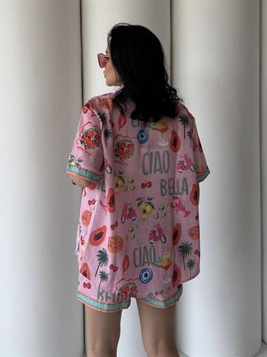 Kai Şortlu Keten Takım Pembe
