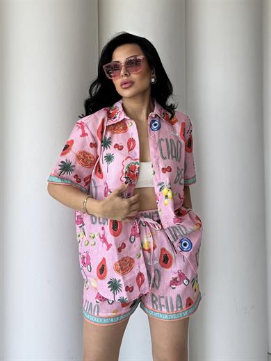 Kai Şortlu Keten Takım Pembe